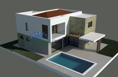 Ein Haus mit Swimmingpool in modernem Design in der Rohbauphase, ein schöner Blick auf das Meer